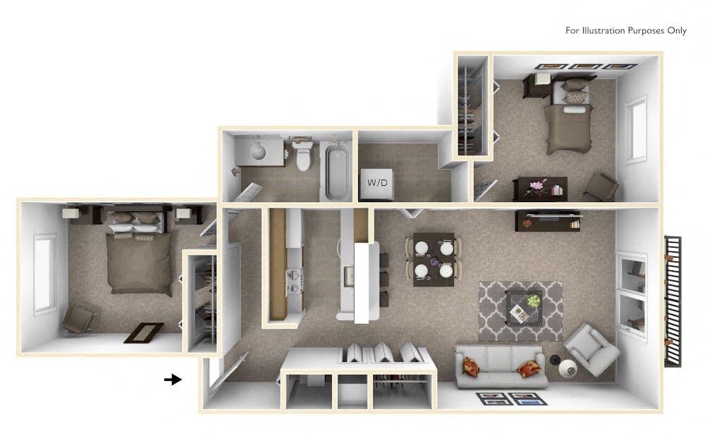 Floor plan for 2 beds, 1 bath, 936 sqft